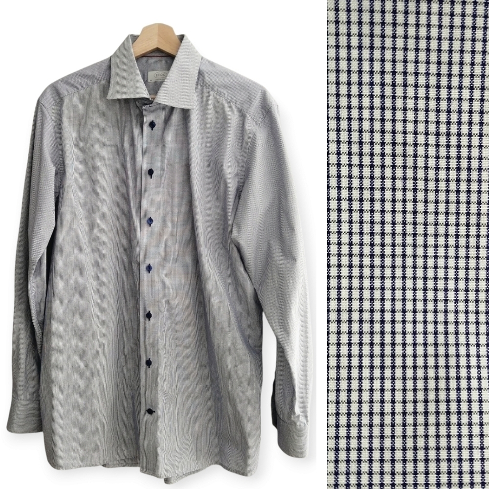 Eton Men's Contemporary Fit Checked Blue Dress Shirt Cottin Twill 17.5 34/35